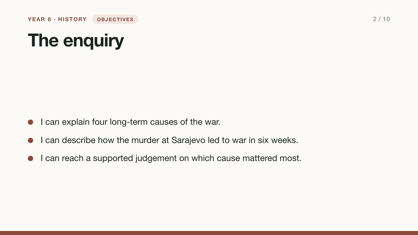 Slide 2, objectives: The enquiry. I can explain four long-term causes of the war. I can describe how the murder at Sarajevo led to war in six weeks. I can reach a supported judgement on which cause mattered most.