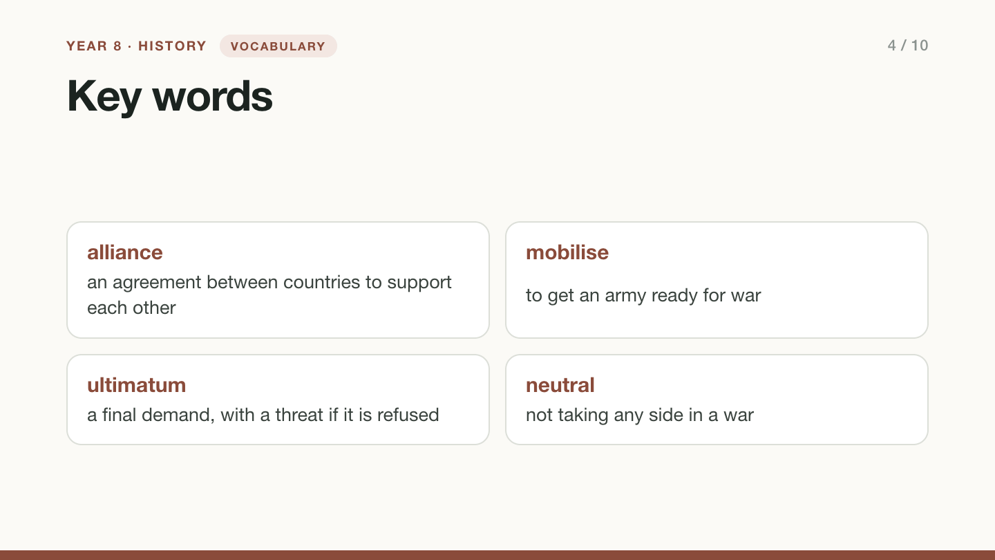 Slide 4, vocabulary: Key words. Alliance: an agreement between countries to support each other. Mobilise: to get an army ready for war. Ultimatum: a final demand, with a threat if it is refused. Neutral: not taking any side in a war.