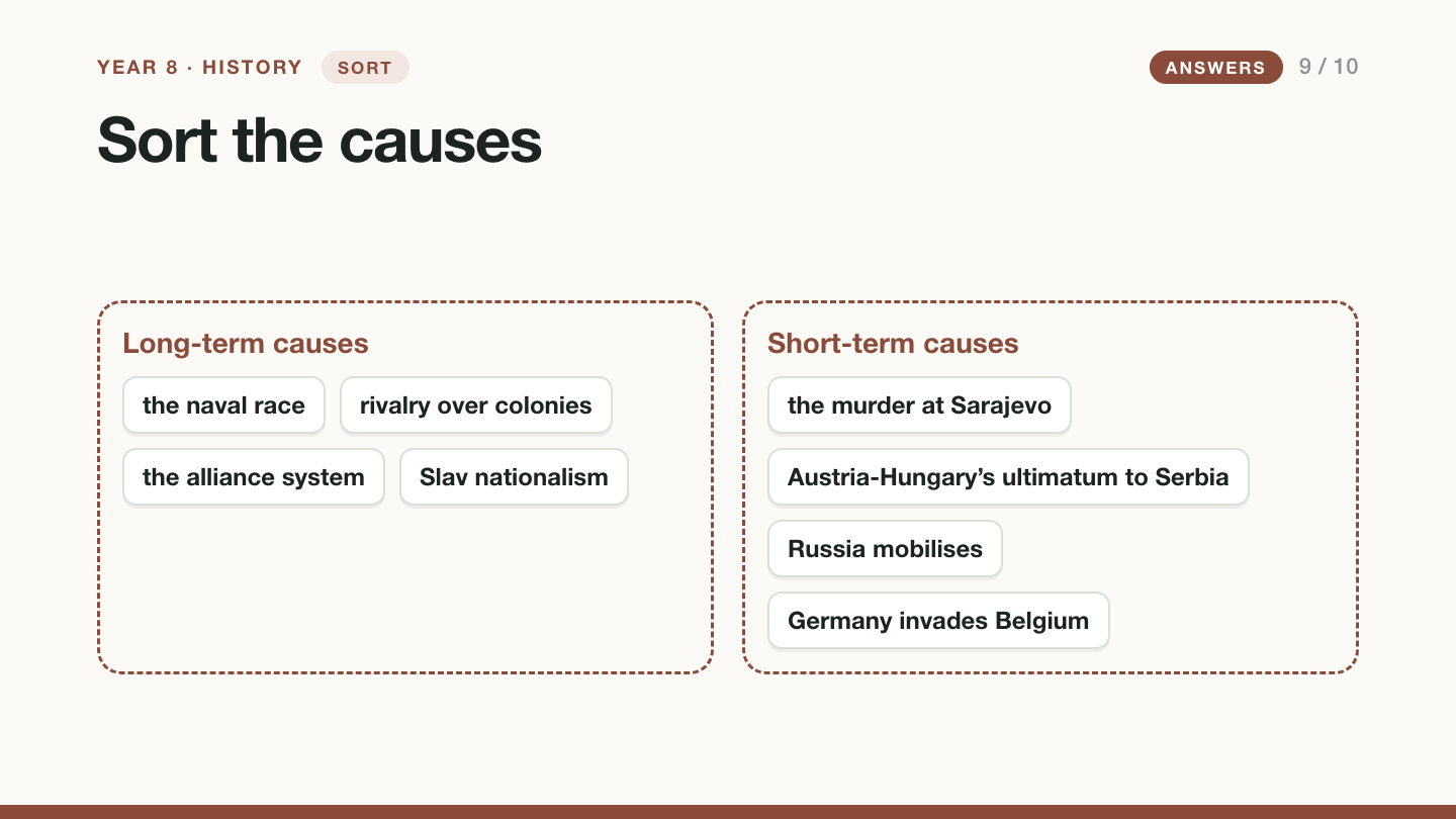 Slide 9 with answers: long-term causes are the naval race, rivalry over colonies, the alliance system and Slav nationalism; short-term causes are the murder at Sarajevo, Austria-Hungary’s ultimatum to Serbia, Russia mobilising and Germany invading Belgium.
