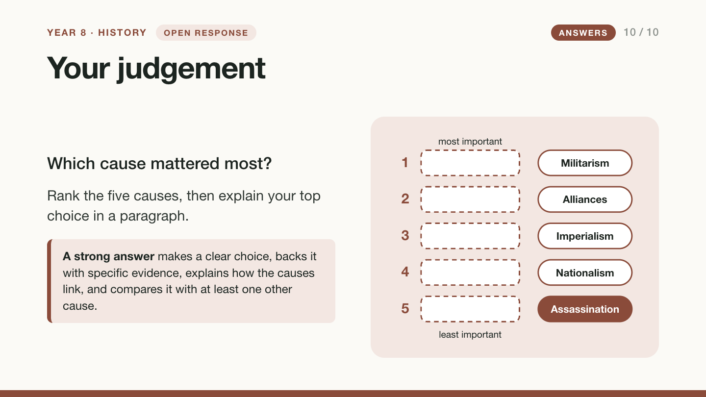 Slide 10 with guidance: there is no single right ranking. A strong answer makes a clear choice, backs it with specific evidence, explains how the causes link, and compares it with at least one other cause.