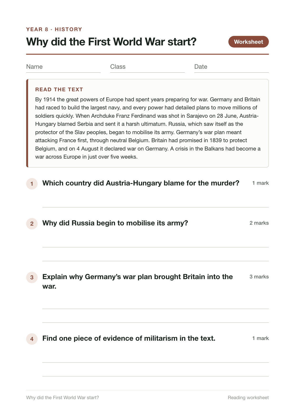 Reading worksheet for Why did the First World War start?: a short text explaining how the murder at Sarajevo, Austria-Hungary’s ultimatum, Russia’s mobilisation and Germany’s invasion of neutral Belgium led to war, followed by four questions on the text.