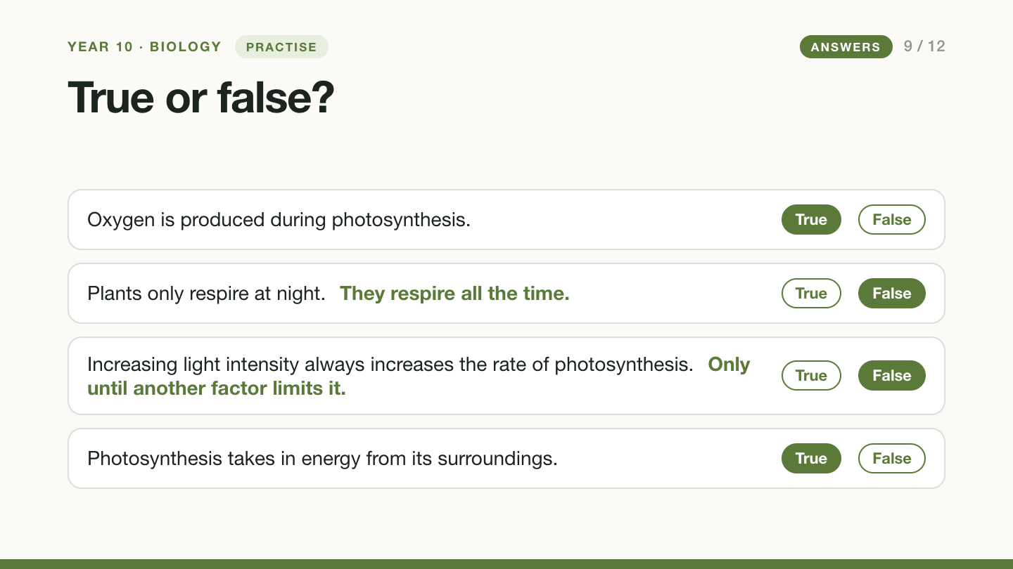 Slide 9 with answers: true, oxygen is produced; false, plants respire all the time; false, the rate rises only until another factor limits it; true, photosynthesis takes in energy from its surroundings.