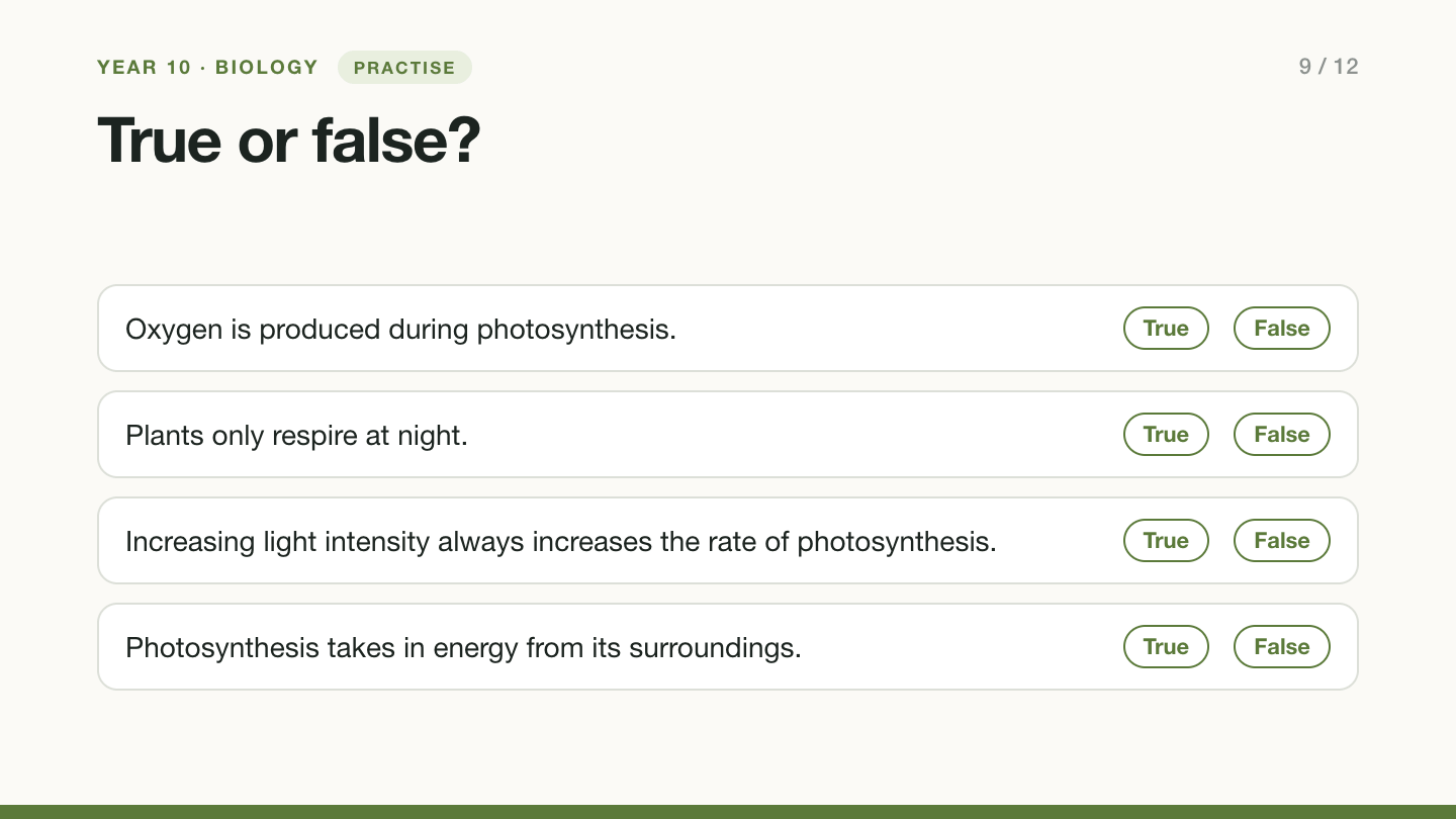 Slide 9, practise: True or false? Oxygen is produced during photosynthesis. Plants only respire at night. Increasing light intensity always increases the rate of photosynthesis. Photosynthesis takes in energy from its surroundings.