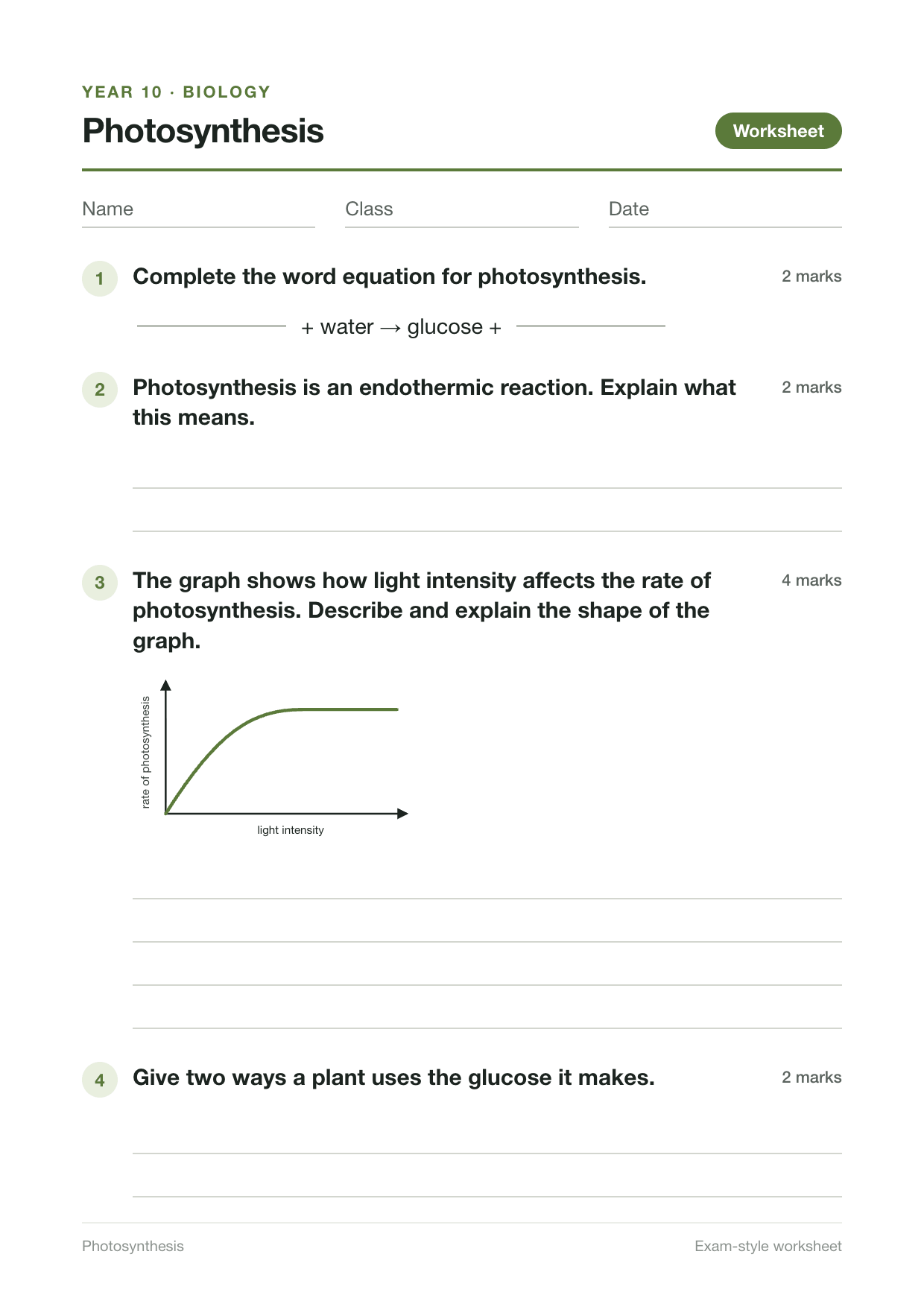 Exam-style worksheet for Photosynthesis with marks for each question: complete the word equation; explain what endothermic means; describe and explain the shape of a graph of rate against light intensity, for 4 marks; and give two ways a plant uses glucose.