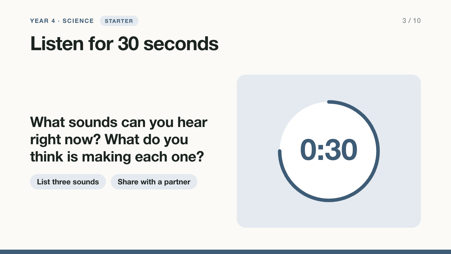 Slide 3, starter: Listen for 30 seconds. What sounds can you hear right now? What do you think is making each one? Pupils list three sounds and share with a partner. A 30 second timer.