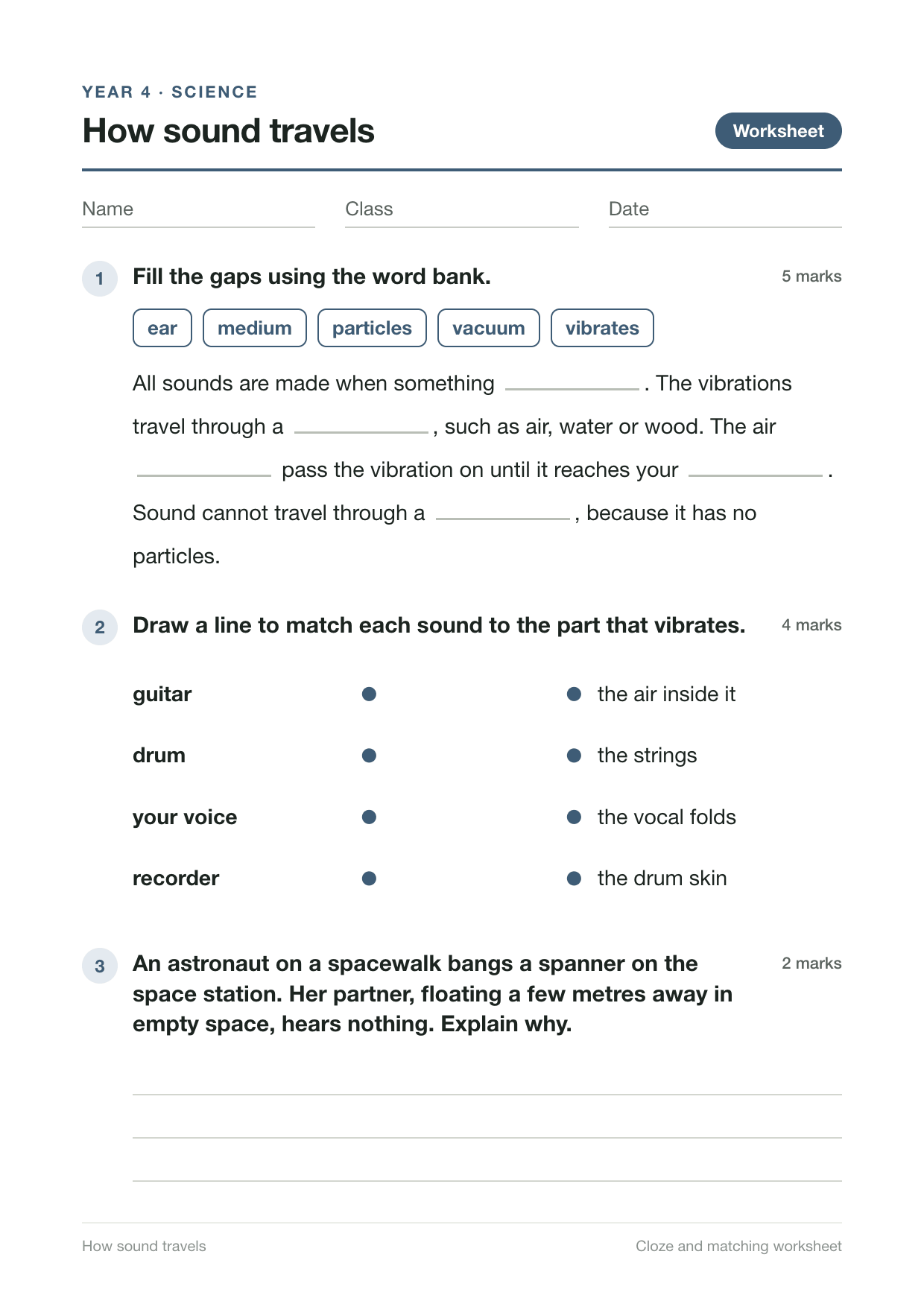 Cloze and matching worksheet for How sound travels: fill five gaps in a paragraph about sound using the word bank ear, medium, particles, vacuum and vibrates; draw lines matching a guitar, drum, voice and recorder to the part that vibrates; and explain why an astronaut cannot hear a spanner banged in empty space.
